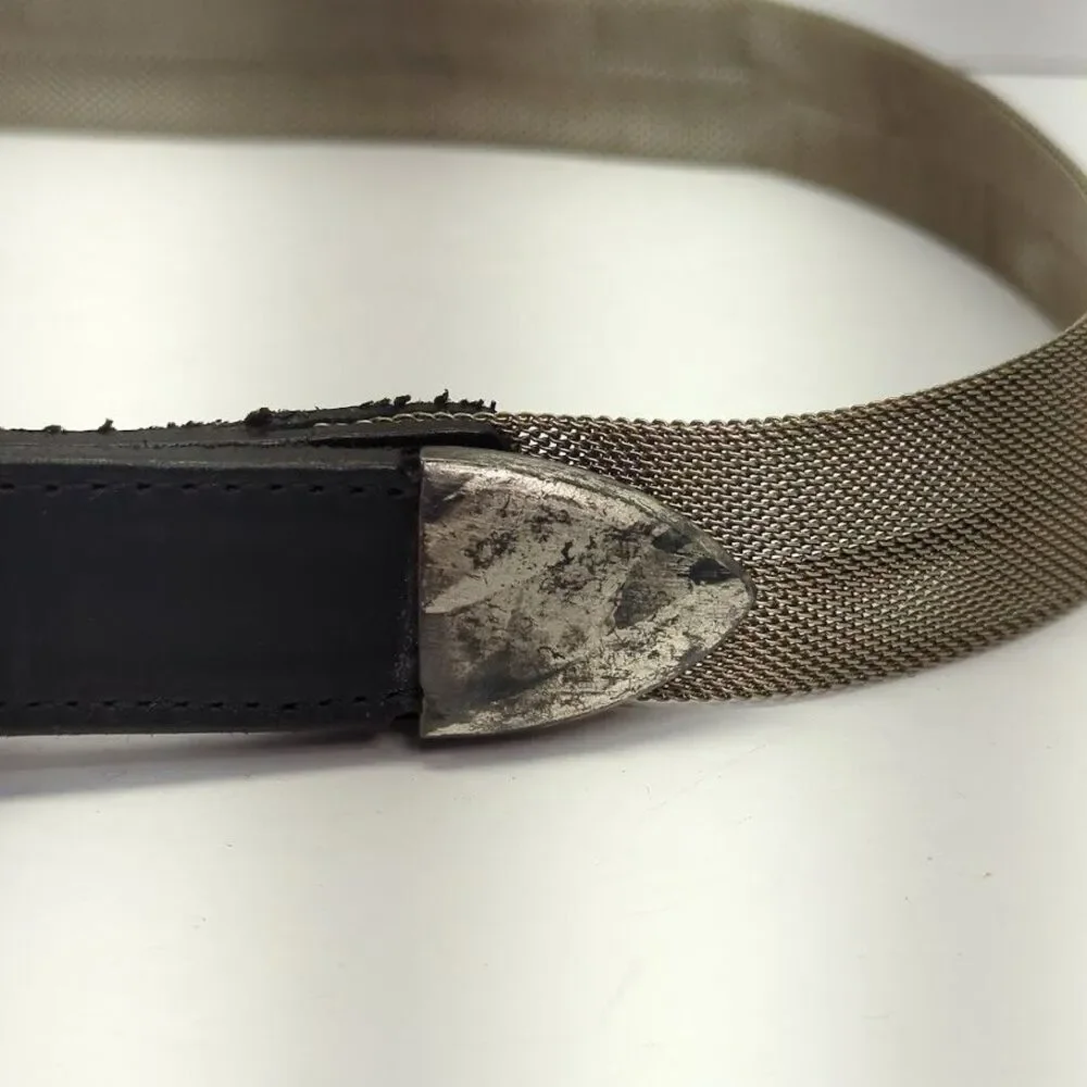Vintage Women's Black Leather‎ Metal Mesh Silver Buckle 9755 Size Small